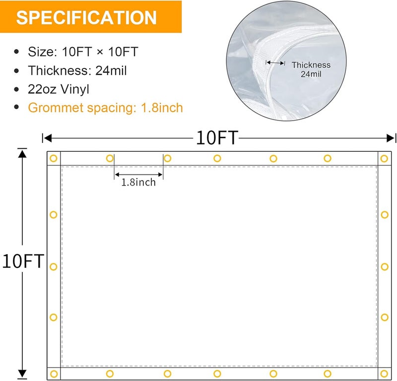 Likeem 10 x 10FT Outdoor Clear Tarp Curtain Waterproof Wind-Proof 24 Mil Transparent Vinyl Tarp for Patio Pergola Garden Canopy Rainproof Anti-Tear PVC Thick Cover with Grommets - Image 2